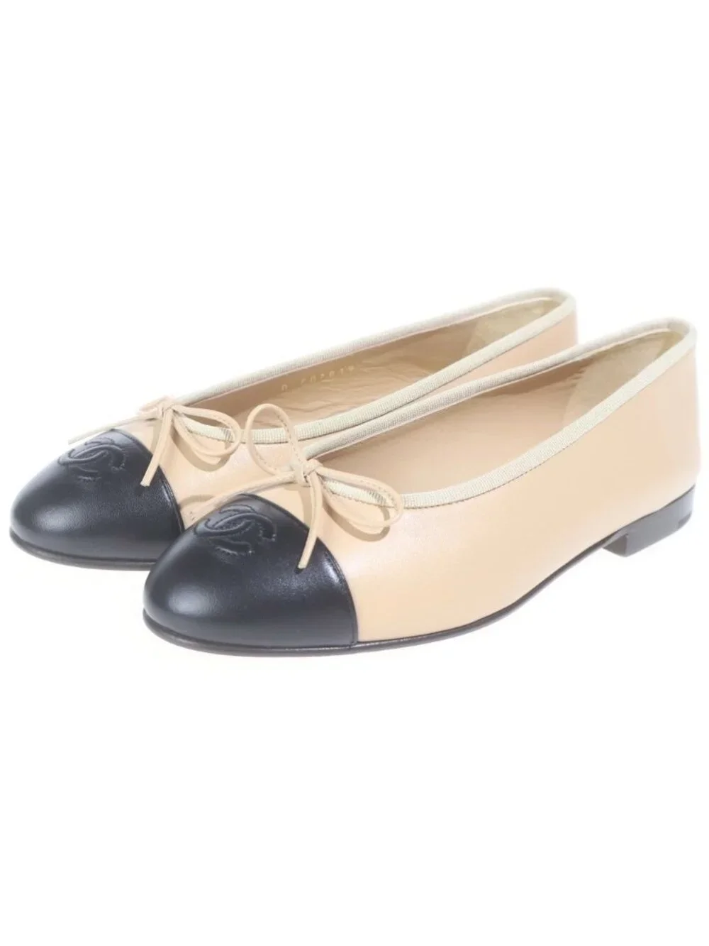 Chanel CC Logo Ballerina Flat Shoes Pumps Lambskin Leather Beige Black